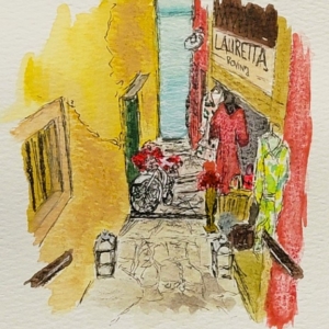 Rovinj - Stufen zum Wasser mit kleinem Laden