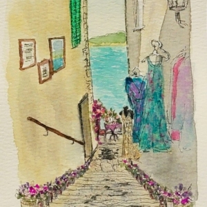 Rovinj - Treppe zum Wasser mit Geschäft
