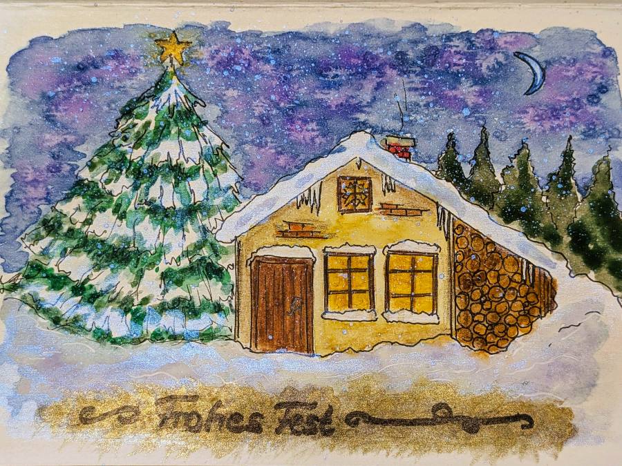 Weihnachtskarte verschneite Hütte