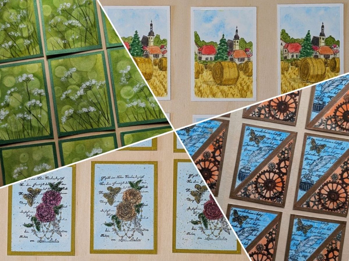 Collage aus vier ATC-Serien im August: grüne Wiesenbilder, Erntezeit, Rosen und Kontraste