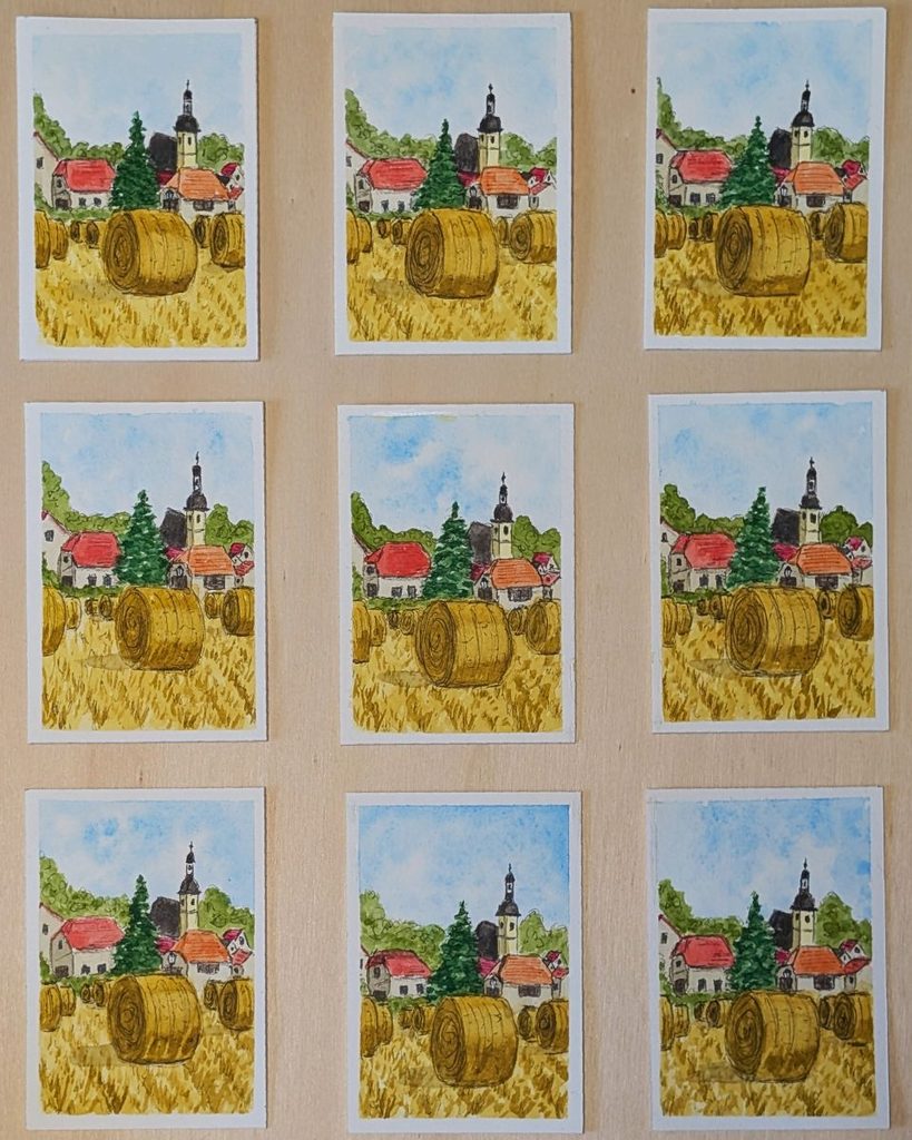 Neun handgemalte Artist Trading Cards der Serie Erntezeit mit goldgelben Feldern, Strohballen und einem Dorf mit Kirche